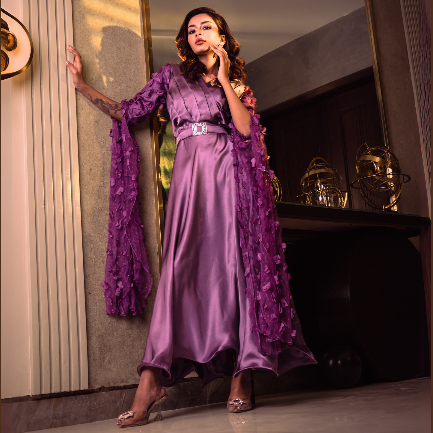 Lilac Enchantment  A Maxi Gown With Elegant 3D Butterfly Sleeves - Made To Order