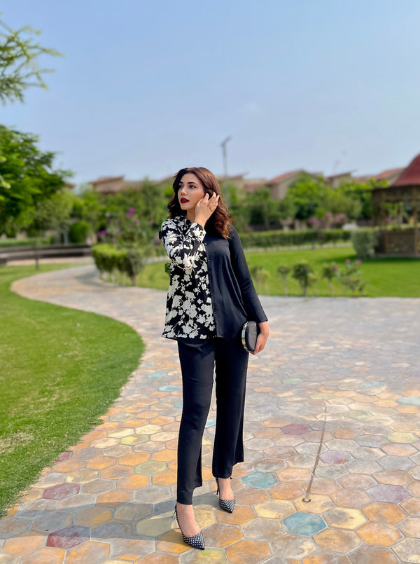 Manahils Stitched Co Ords Black Floral Set