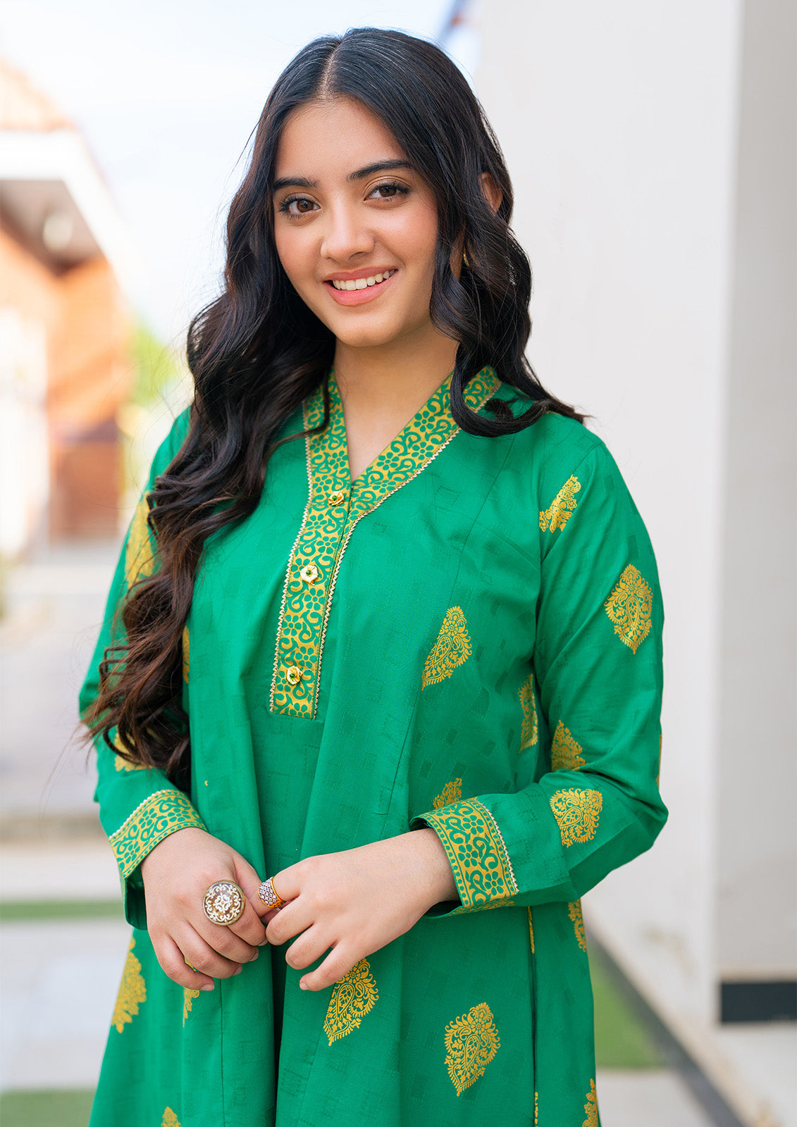 JK-PRT-004, 3 Pcs Suit, ALL OVER gold PRINTED Frock and Trouser with duppata