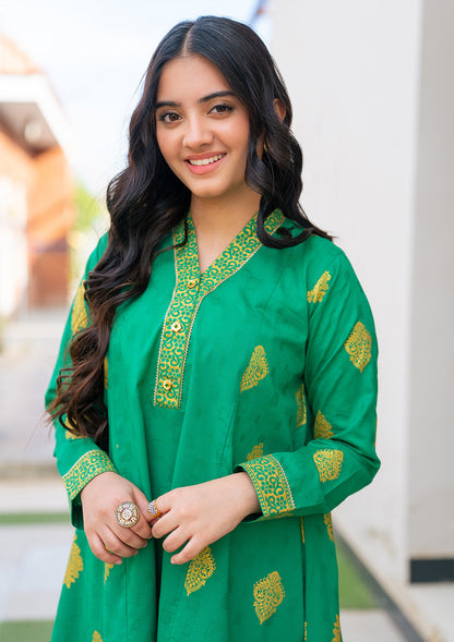 JK-PRT-004, 3 Pcs Suit, ALL OVER gold PRINTED Frock and Trouser with duppata