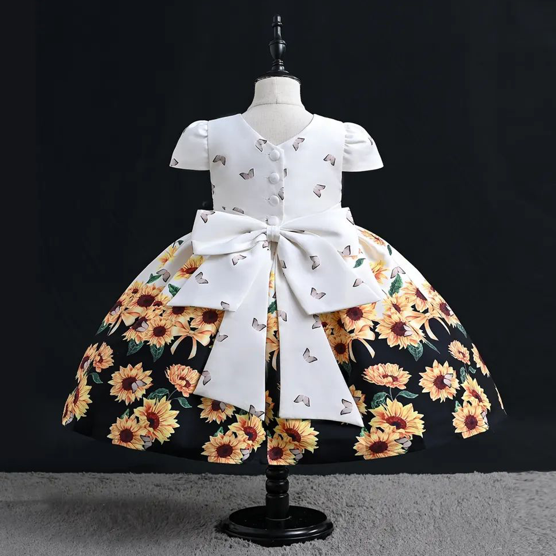 Girl Fancy Sun Flower Digital Print Frock With Headband
