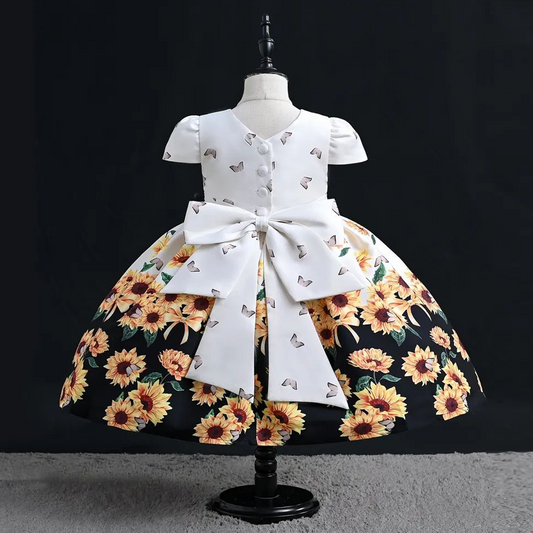 Girl Fancy Sun Flower Digital Print Frock With Headband