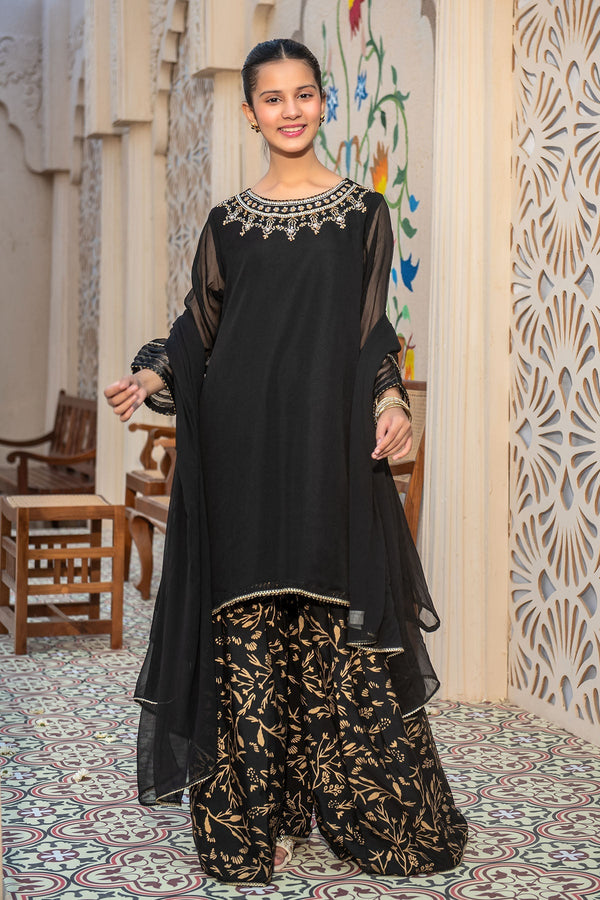 Ochre Clothing Girls Full Suits Chiffon Hand Adda Work 3 Pc Suit