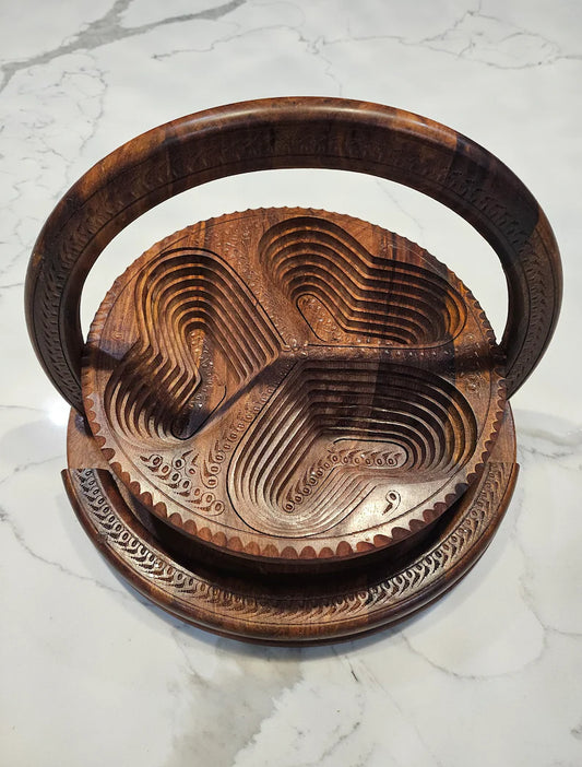 Three Section Wooden Handmade Dry Fruit Basket/Tray Collapsible Foldable Decorative Ideal For Nuts Or Any Snack