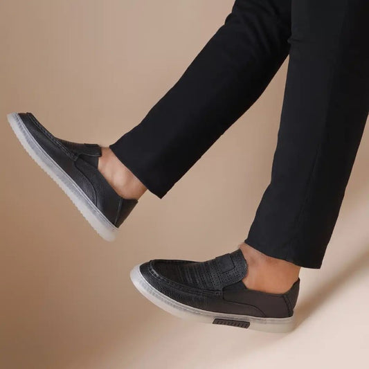 Turkish-Designer Dotted Leather Shoes with Transparent Sole in Black Color