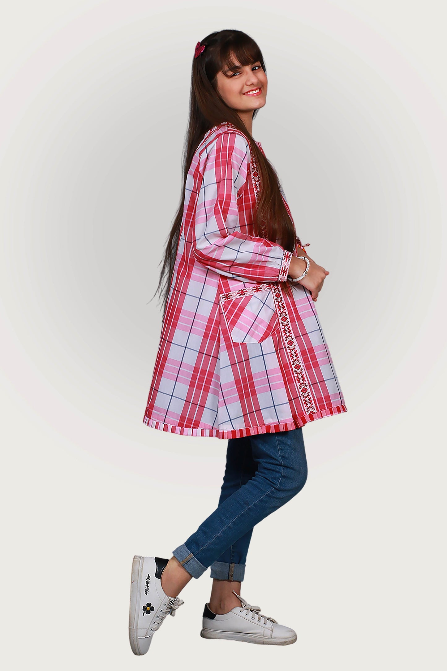 FRK-037 CHECK EMBROIDRED FROCK