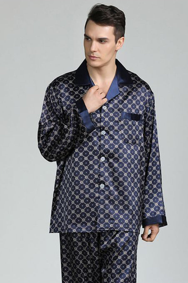 Studio By Arj Sebastian Men's Silky Satin Navy Floral Print pajama set pjs, satin, full sleeve Front Pocket