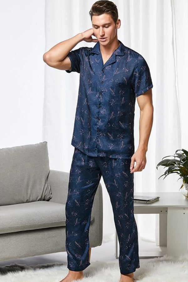 Studio By Arj Sebastian Men's Silky Satin Navy Floral Print pajama set pjs, satin, Half sleeve