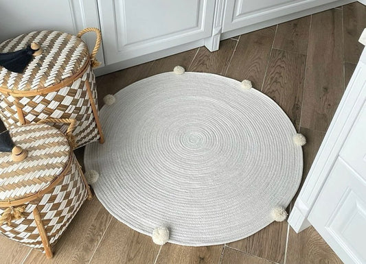 Cotton Rope Rug with Pom-Poms - Boho Rug for Home & Nursery - 24 inches (2 ft)