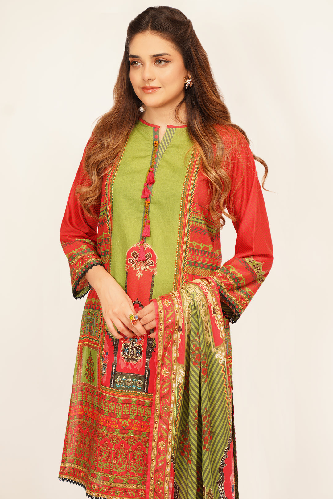 3Pcs Digital Printed Suit in Carmine Pink and Green SKU: UN-010