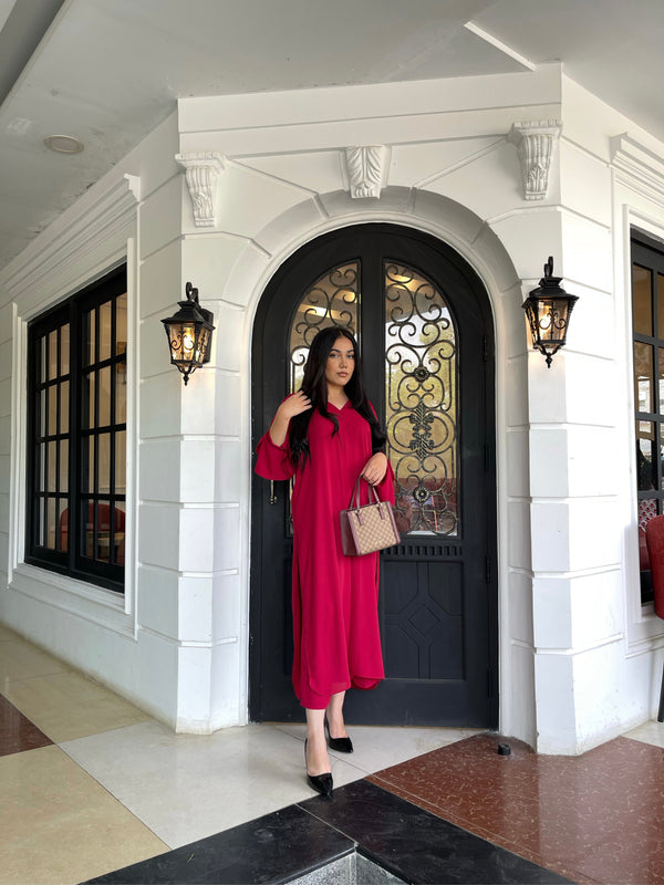 Manahils Stitched Co Ords Tunic  V Neck Pleated Blood Red Two Pc