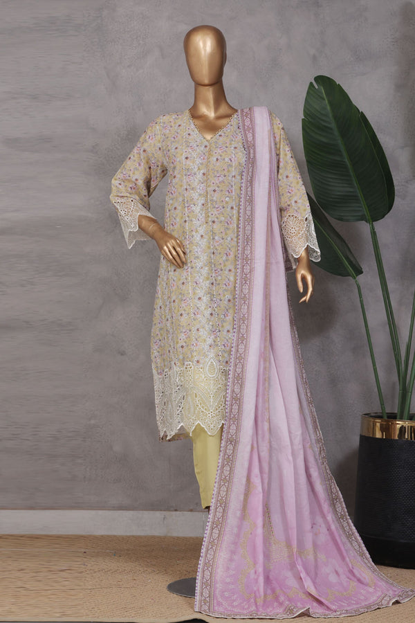 Bin Saeed Stitched 3 Piece Exc Emb Lawn Vol-02 Collection'2025-SM-2102-Yellow