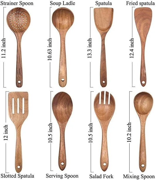 8 Pack Wooden Spoons For Cooking, Kitchen Utensils Set, Natural Teak Long Wood