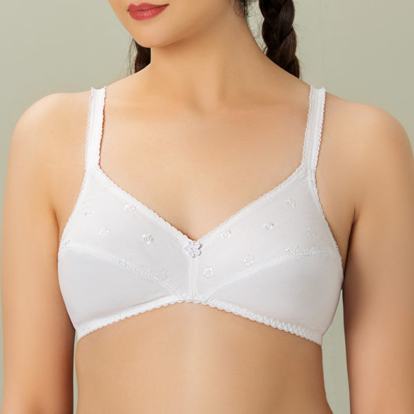 Tulips, Cotton embroidered Unpadded Bra, WHITE