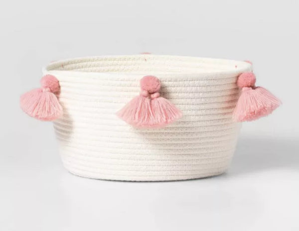 Round Cotton Rope Basket with Pink Tassels – Decorative Storage for Kids’ Rooms