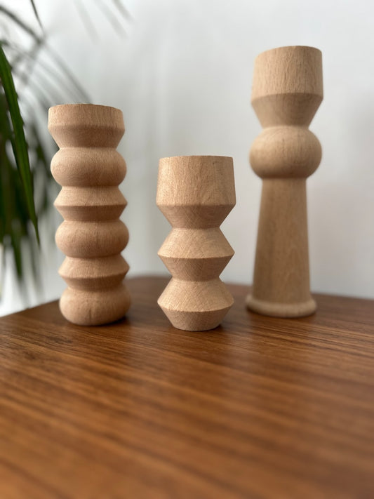 Scandinavian Wooden Candle Holder Set: Handcrafted Mid-Century Décor