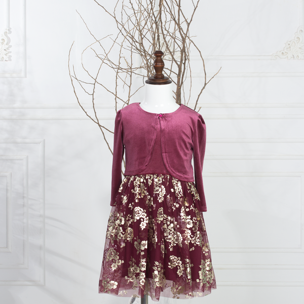 Girl Mahroon Glitter Flowers Fancy Frock With Cardigan