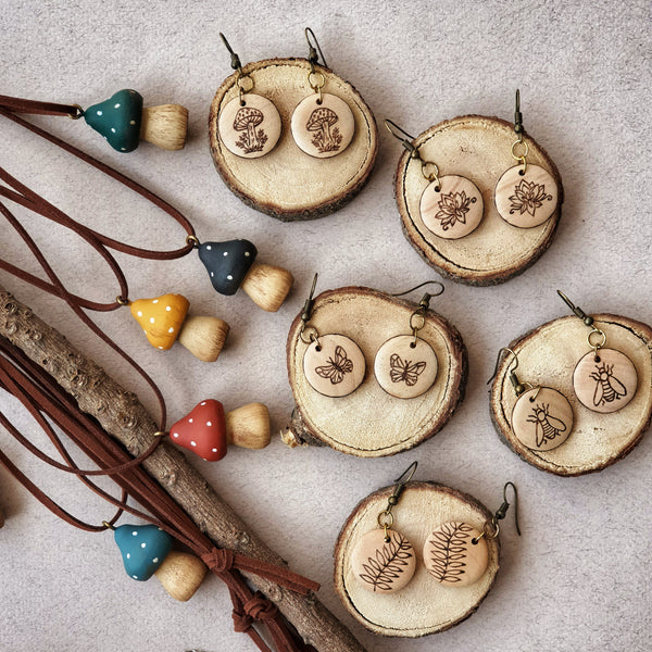Wood Burned Earrings - Bee