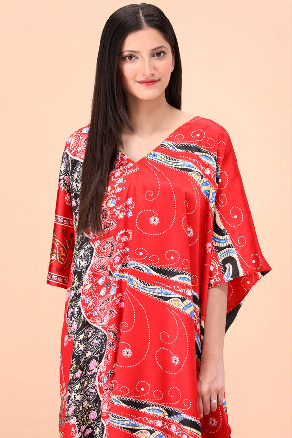 Studio By Arj Studio By Arj Women Red Flower printed Silky Satin caftan lounge wear / nightwear