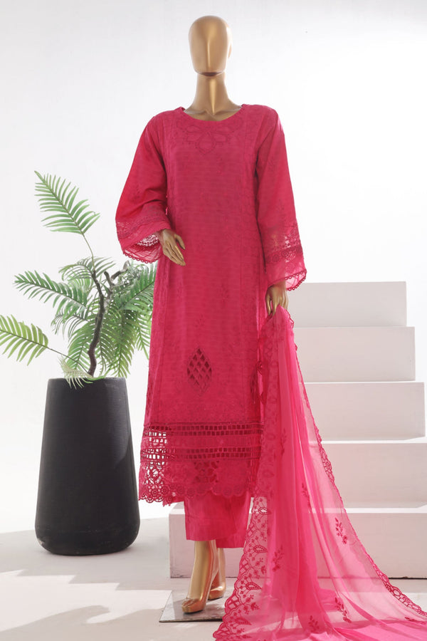 Bin Saeed Stitched 3 Piece Luxury Self & Self Frock Collection-SMK-1595-Magenta