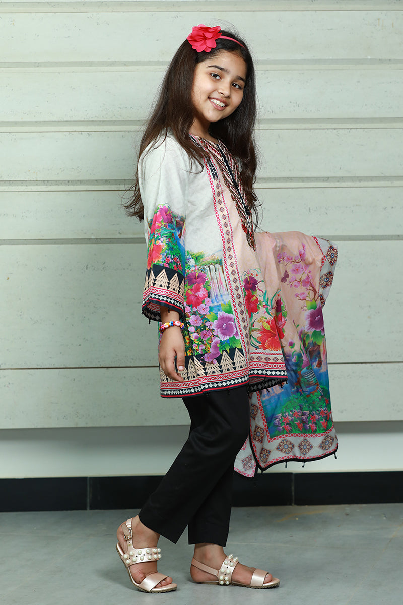 PRSDT-082 Digital Printed Embroidred Lawn Shirt, Dupptta & Cotton Trouser