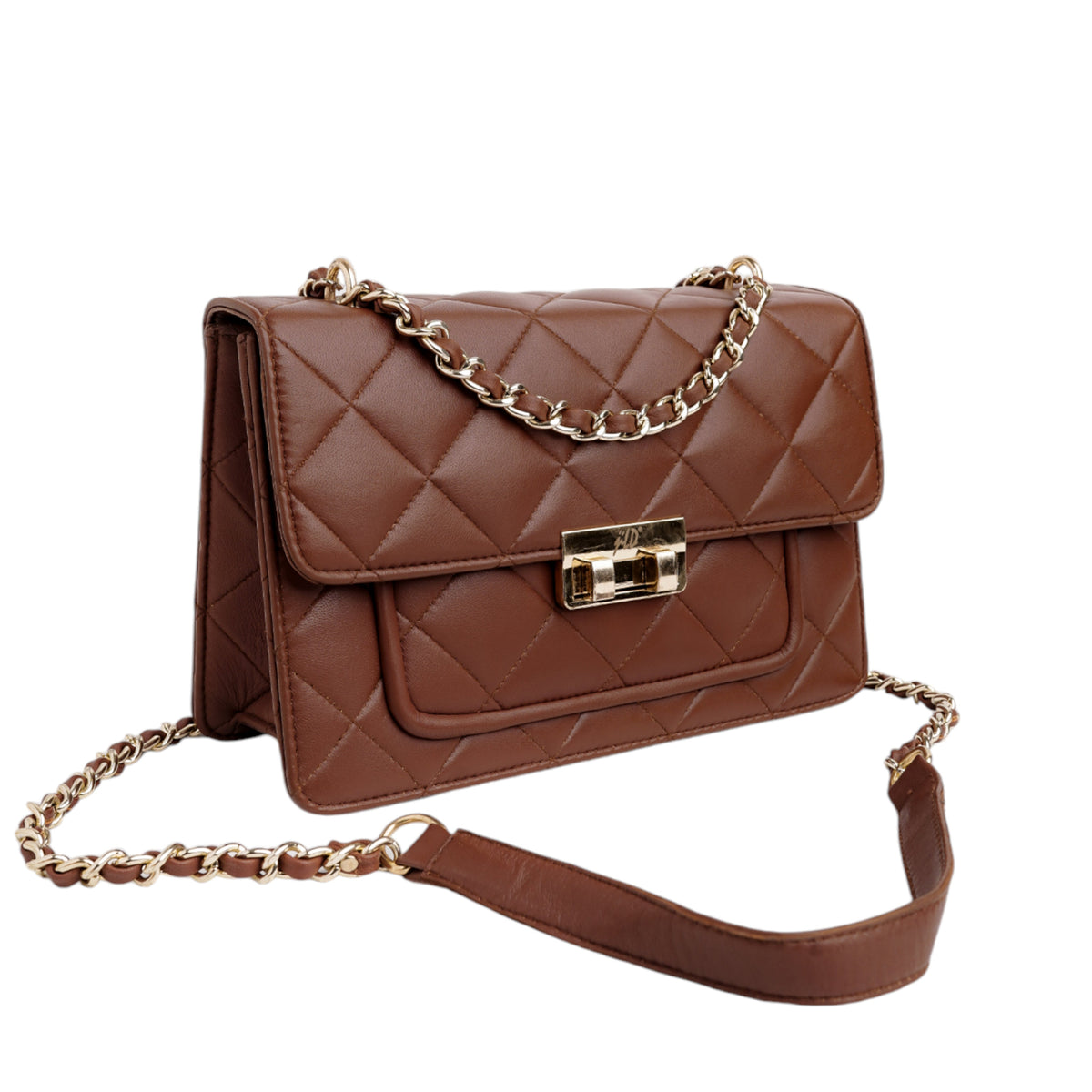 Flora Quilted Crossbody Leather Bag- tanbrown