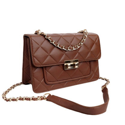 Flora Quilted Crossbody Leather Bag- tanbrown
