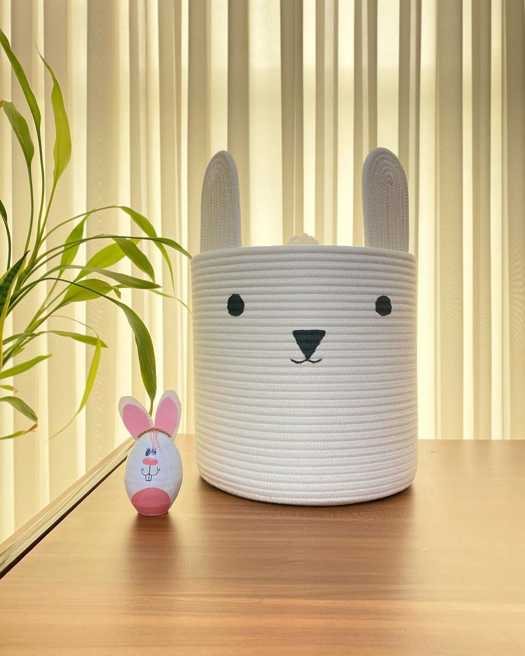 Bunny Toy Basket with Lid  Cotton Rope Storage for Kids Room (Large)
