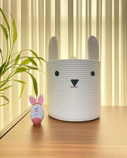 Bunny Toy Basket with Lid  Cotton Rope Storage for Kids Room (Large)