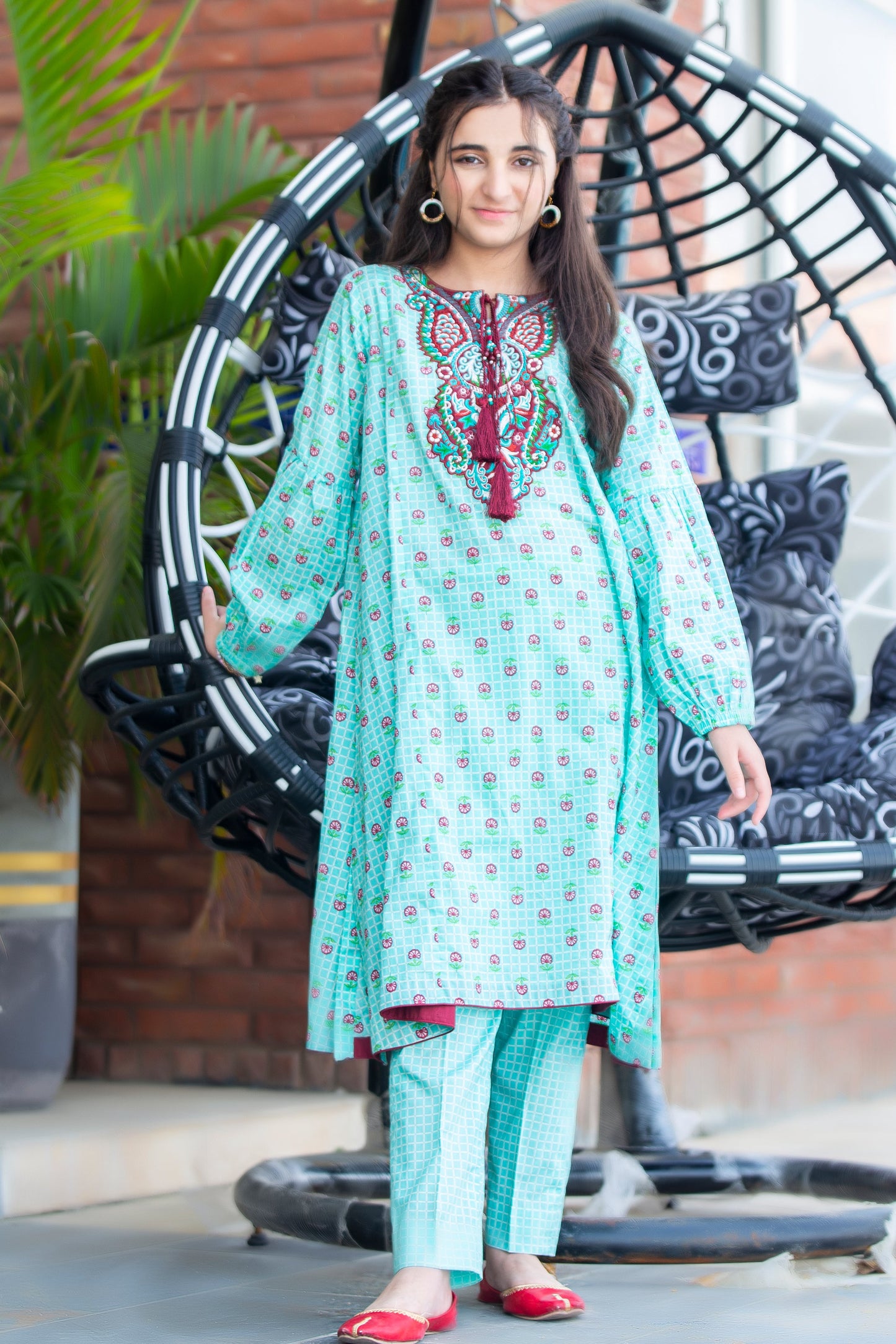 2PCSFRK-044, Blue cotton lawn dress, with neck line embroidered combination of pink