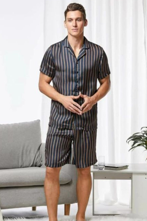 Studio By Arj Sebastian Men's Silky Satin Strip Short set pjs, satin, Half sleeve