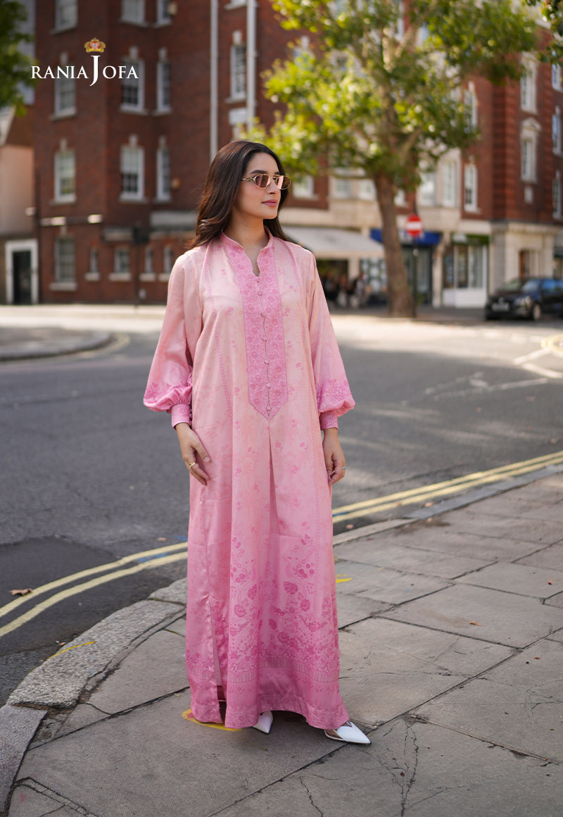 Rania Jofa Peach Sorbet RJPS-03 coral pink charmeuse silk printed long shirt – full length three-quarter facing London street view