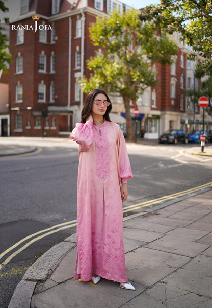 Rania Jofa Peach Sorbet RJPS-03 coral pink charmeuse silk printed long shirt with balloon sleeves – full length side facing London street view