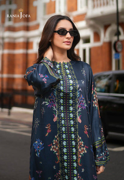 Rania Jofa Reef RJPS-04 navy blue charmeuse silk floral printed long shirt – upper body front facing London street view with sunglasses