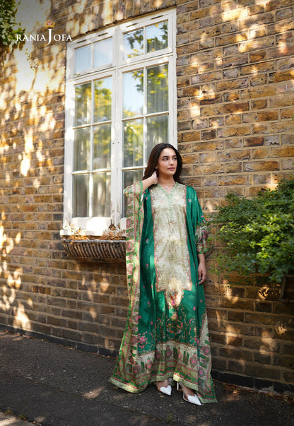 Rania Jofa Emerald RJPS-06 cream charmeuse silk floral printed shirt with emerald green printed dupatta – full length side-facing London brick wall window view