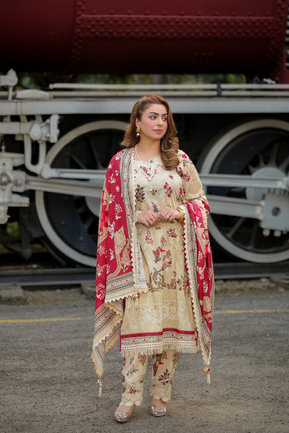 Saadia Ahmed LWSU-25P312 3-Pcs Printed Lawn Outfit with Red Embroidered Shawl and Elegant Design
